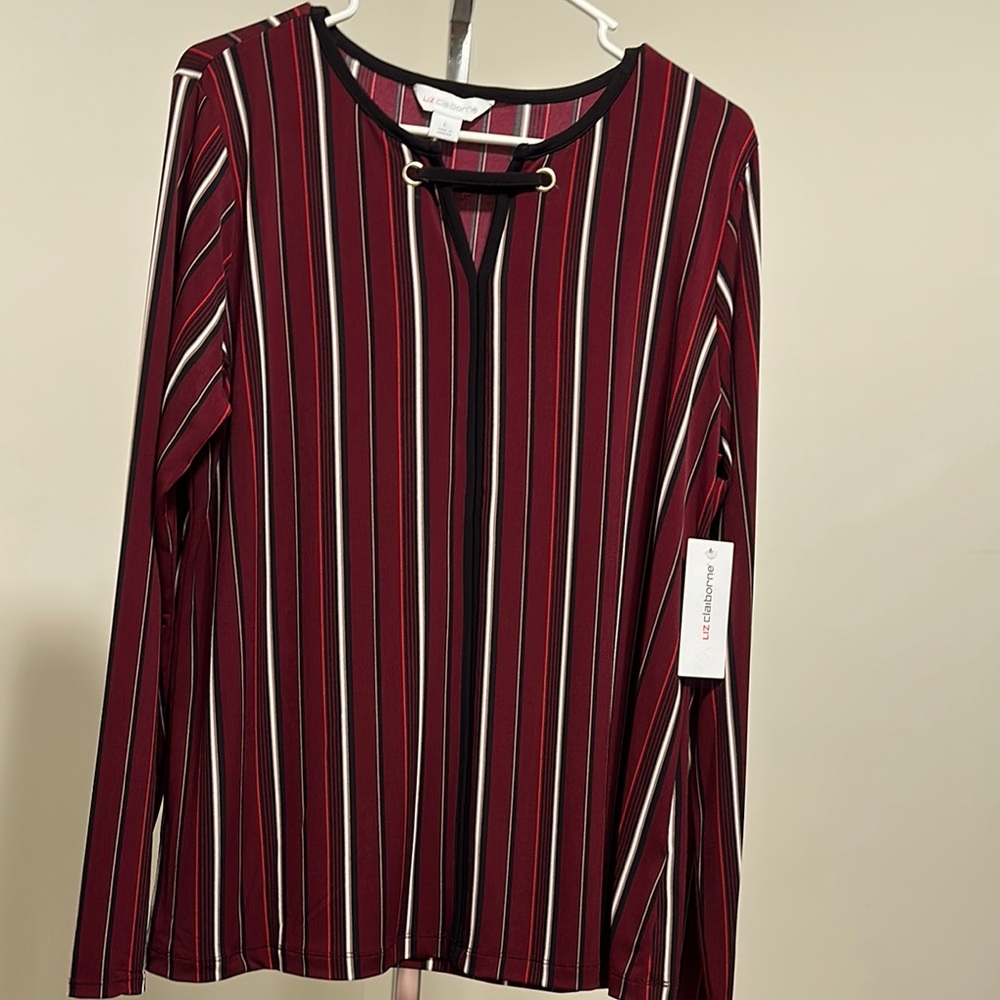 NWT Liz Claiborne Burgundy and Black, White, Red V Key Hole Front Blouse.